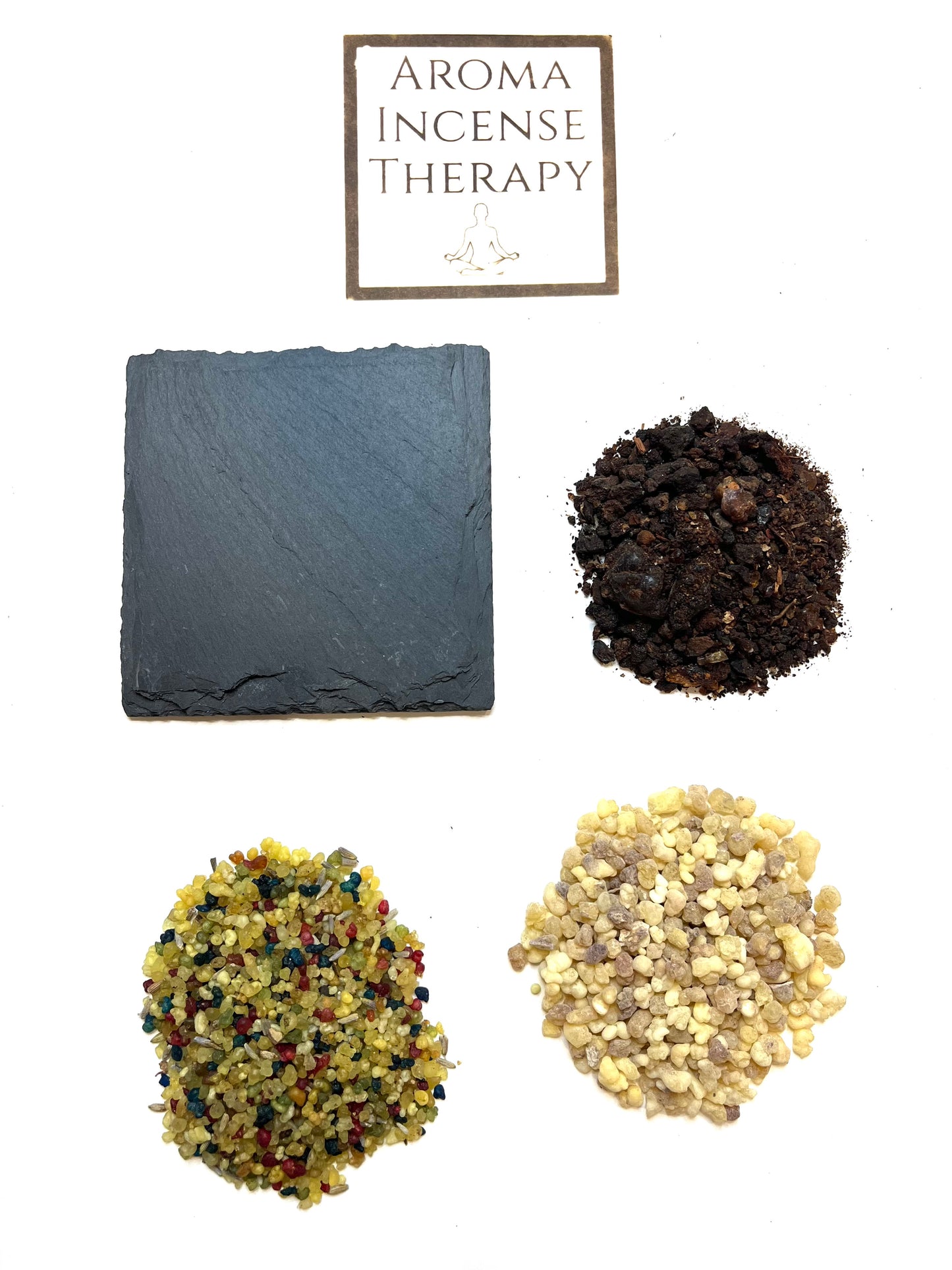 Resin Incense Sample Packs with Slate Stone Holder by Aroma Incense Therapy- Frankincense (1 oz.), Myrrh(1oz.) and Three Kings(1 oz.).